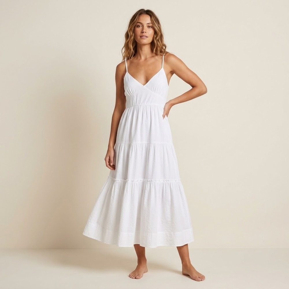 NEW La Ligne Beatirix Dress White Stripe Cotton Silk Tiered Midi Size Large
